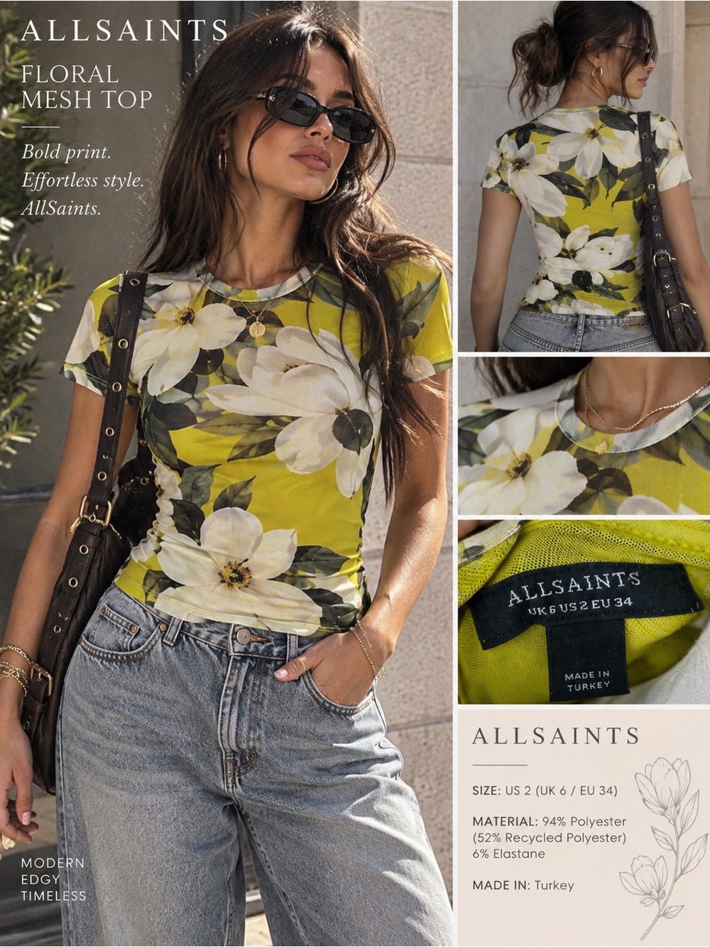 All Saints White Floral Crewneck Tee on Lime Green Y2K , 90’s insp